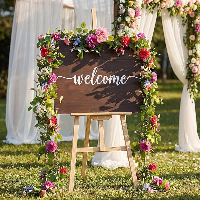 Giegxin 1 Pack 6 ft Artificial Flower Garland Flower with Dahlia and Wildflower Pink Purple Fake Wisteria Vines Summer Greenery Eucalyptus Garland for Wedding Mantle Porch Stair Table Indoor Decor