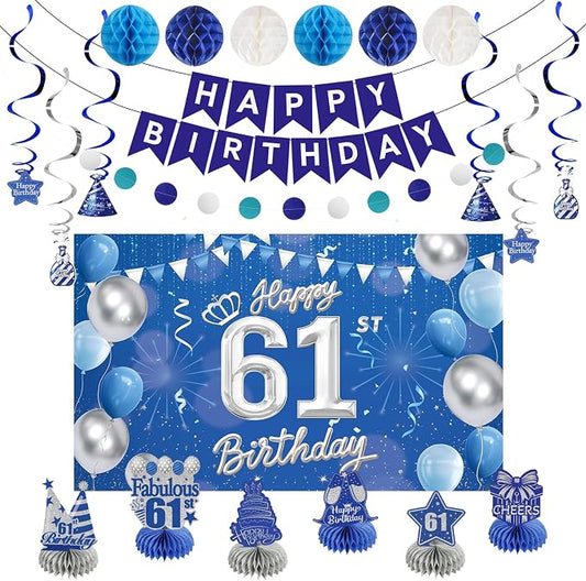 Happy 61st Birthday Party Decoration: Including Birthday Banner Backdrop, Party Table Centerpieces and Hanging Swirl Party Streamers, Birthday Decor for Men and Women (Blue, 61st Birthday)