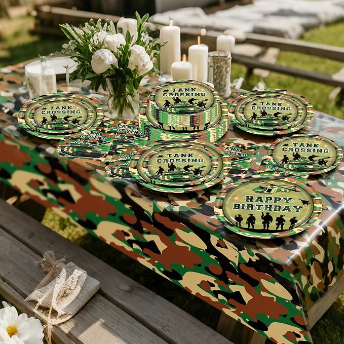 182Pcs Camo Birthday Party Supplies,Army Camouflage Theme Paper Plates Napkins and Tableware Set for Army Military Birthday Decorations,Serves 30
