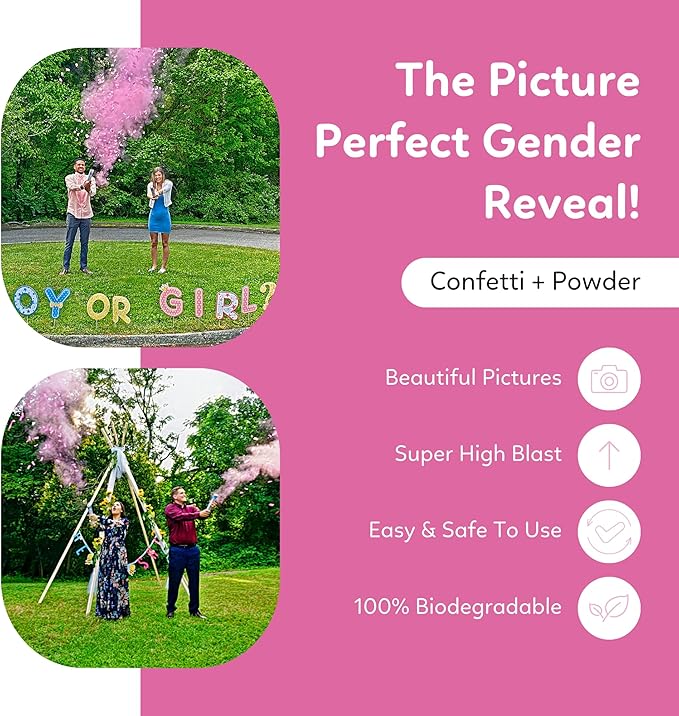 TUR Party Supplies Gender Reveal Poppers | 2 Pink Confetti & Powder Cannons | Biodegradable | Baby Gender Reveal Decorations