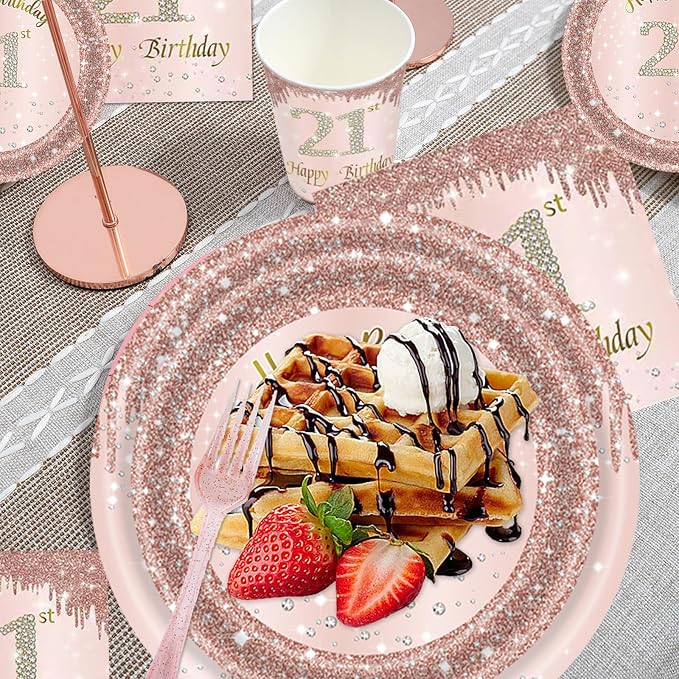 121Pcs 21st Birthday Party Supplies Plates Napkins Cups Forks Tablecloth Rose Gold Happy 21st Birthday Themed Disposable Tableware Decorations Serves 24 Guests for Women Her 21 Years