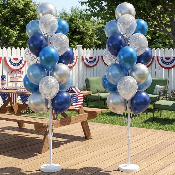Blue Silver Balloon Column Kit Set of 2 With Dark Navy Confetti Balloons Included-Balloon Tower Stand, Base&Pole,Backdrop Decoration for Wedding, Baby Shower,Birthday,Graduation,Engagement Party