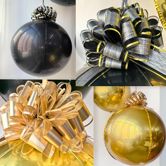 6 Pack Black and Gold Balloons, 22 Inch 4D Metallic Orb Hanging Balloons with 12 Pull Ribbon Bows, Ceiling Party Decorations for Birthday, Graduation 2026, Men’s Birthday and Old Money Party Decor