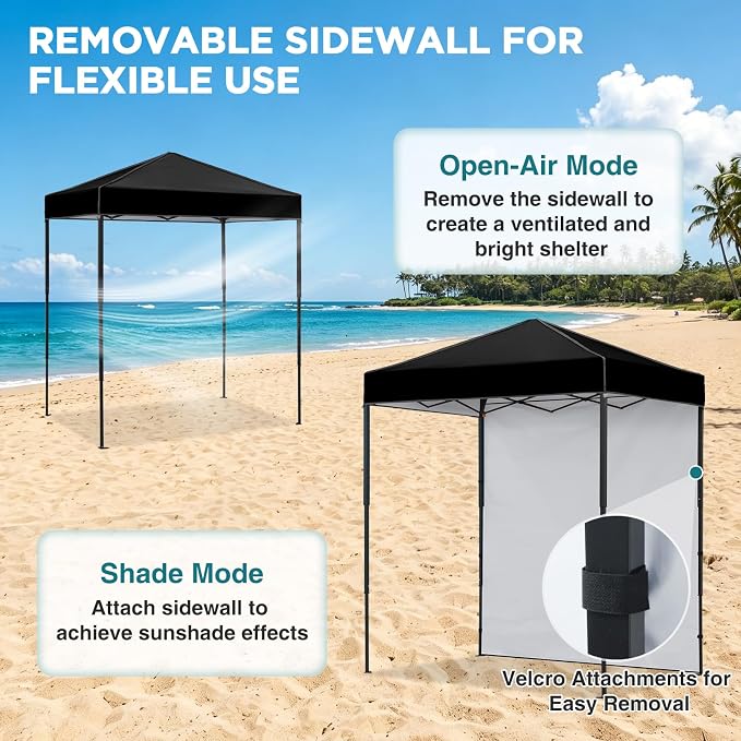 EAGLE PEAK 6x4 Instant Pop Up Canopy Tent with 1 Side Wall Panel, Straight Leg Sun Shelter, Portable Canopy with Carry Bag for Camping, Beach & Sports, Black