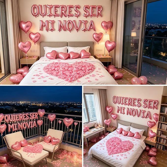 2 Set Pink QUIERES SER MI NOVIA Balloons - 1200pcs Pink Artificial Rose Petals 34pcs 16" Letter Balloons 10pcs 18" Heart Balloon Alphabet Foil Mylar Balloon for Valentines Day Decorations