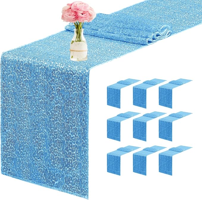 10 Packs 12 x 72 inches Sequin Table Runner, Blue Glitter Table Runner for Birthday Party Supplies Wedding Engagement Baby Shower Holiday Celebration Event Decorations