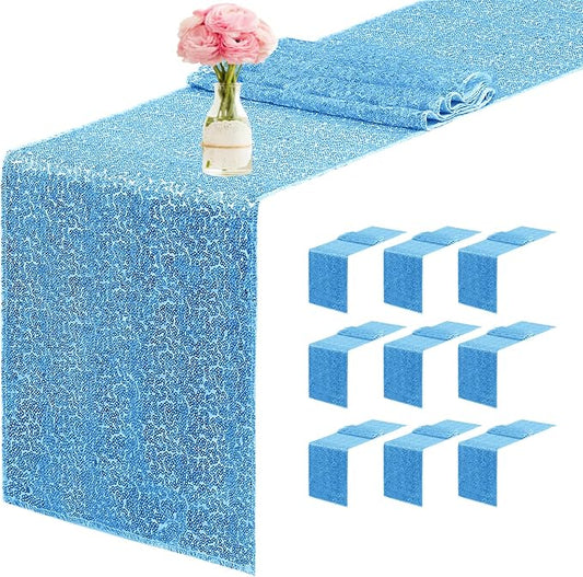 10 Packs 12 x 72 inches Sequin Table Runner, Blue Glitter Table Runner for Birthday Party Supplies Wedding Engagement Baby Shower Holiday Celebration Event Decorations