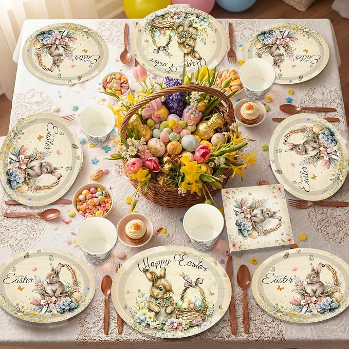 Pajean 350 Pcs Easter Bunny Oval Paper Plates Set with 12 Inch Disposable Vintage Easter Oval Plates and Napkins Bunny Flower Eggs Heavy Duty Dinnerware for 50 Guests Picnic Spring Party Supplies