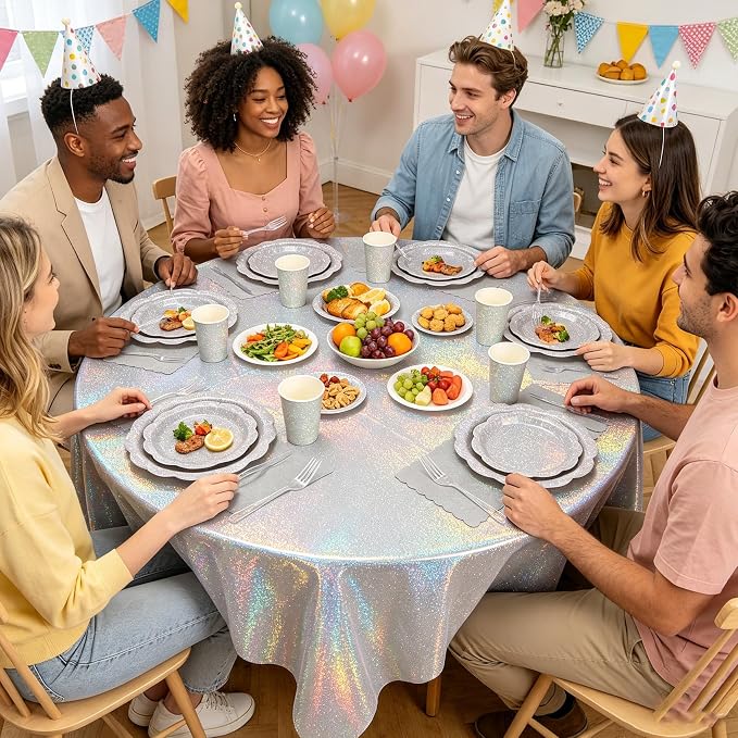 Silver Iridescent Plates and Napkins Set, Disposable Holographic Paper Plates Cups Napkins Forks Tablecloth Party Supplies for Birthday Baby Shower Bridal Shower Party Decorations, Serves 24 Guests
