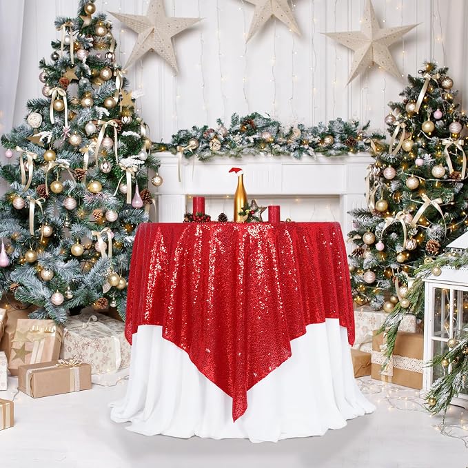 Poise3EHome Red Sequin Tablecloth 90×90 Inch Square Sequin Fabric Table Cover Overlay for Valentine Christmas Baby Shower Birthday Party Wedding Holiday Cake Table Decoration