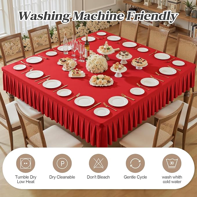 Wish Care Red Spandex Tablecloths for 48x48 Inch Square Tables, Stretch Fitted Table Clothes with Pleated Ruffle Skirt for 48” Table, Wrinkle Free and Elastic, for Party Kitchen Home Dining