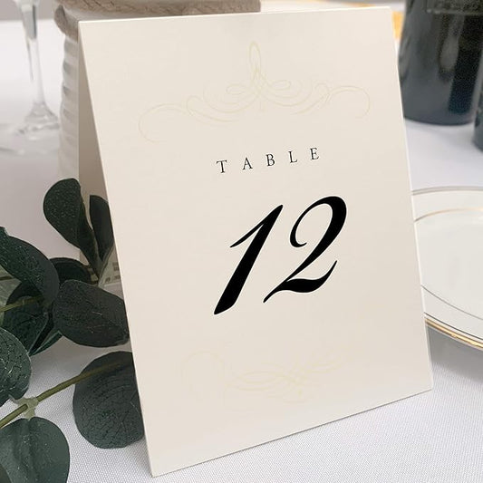 Decadent Flourish Wedding Table Numbers (Select Color/Quantity), Champagne, Ivory, 1-15, Double Sided, Tent or Use in a Stand, Great for Parties & Restaurants - Made in the USA
