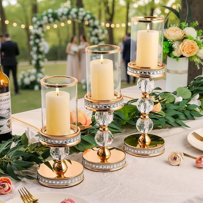 10" Tall Hurricane Candle Holder, Pillar Candle Holders with Glass Sleeve with Gift Box, Crystal Candle Stands for Home Warming, Weddiing, Dining Room Decor, Table Centerpiece (2, Gold, S)