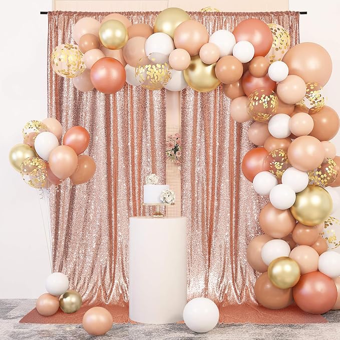 PartyDelight Rose Gold Sequin Backdrop Curtains 5x10ft 2 Panels | 3mm stitched sequin curtain with 4 inch rod pocket for 5x10ft wide reception wall head table stage backdrop and event display