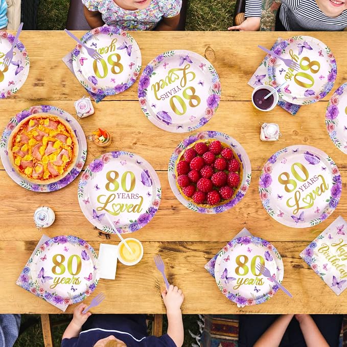 96Pcs 80th Birthday Party Decoration Purple Floral Butterfly Plates and Napkins 80 Years Loved Tableware Set for 1946 Woman 80 Year Old Mom Grandma Birthday Party Supplies Serves 24
