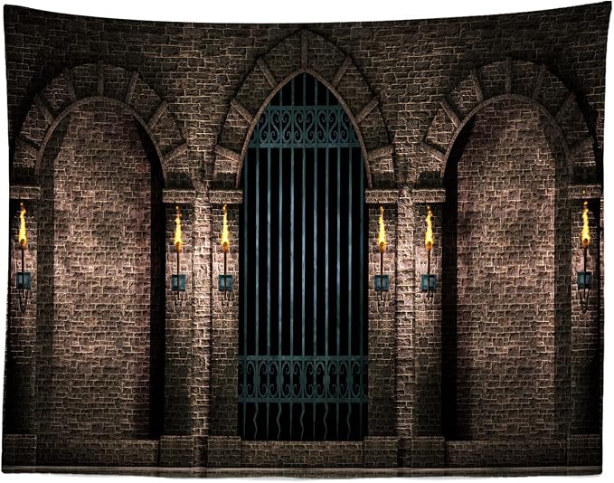 BELECO 5x3ft Fabric Gothic Castle Photography Backdrop Ancient Stone Wall Arches Iron Gates Torches Prison Corridor Halloween Night Background Medieval Castle Birthday Party Decorations Photo Props
