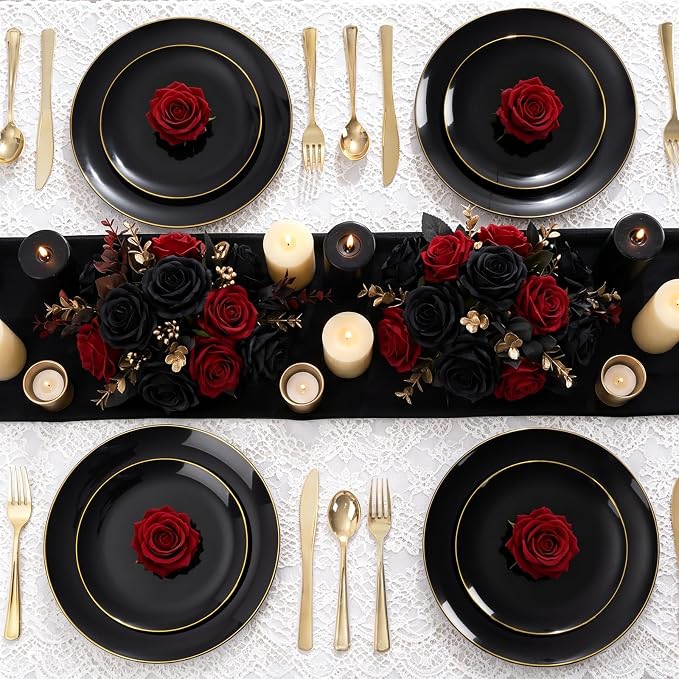 YOUBET 125PCS Black and Gold Plastic Plates - Black Disposable Plates With Gold Rim - Includes 25 Dinner Plates, 25 Dessert Plates, 75 Gold Silverware for Wedding Birthday Party