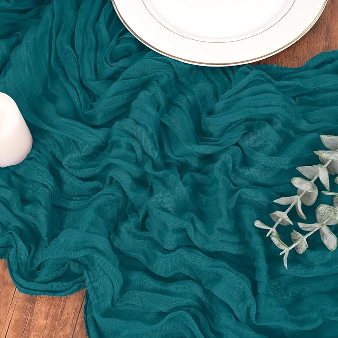 10 Pack Cheesecloth Table Runner Teal, Rustic Boho Gauze Fabric Table Runner Romantic Table Runner for Wedding, Festival, Birthday, Anniversary, Dinner and Outdoor Events (17.7 x 108 inch)