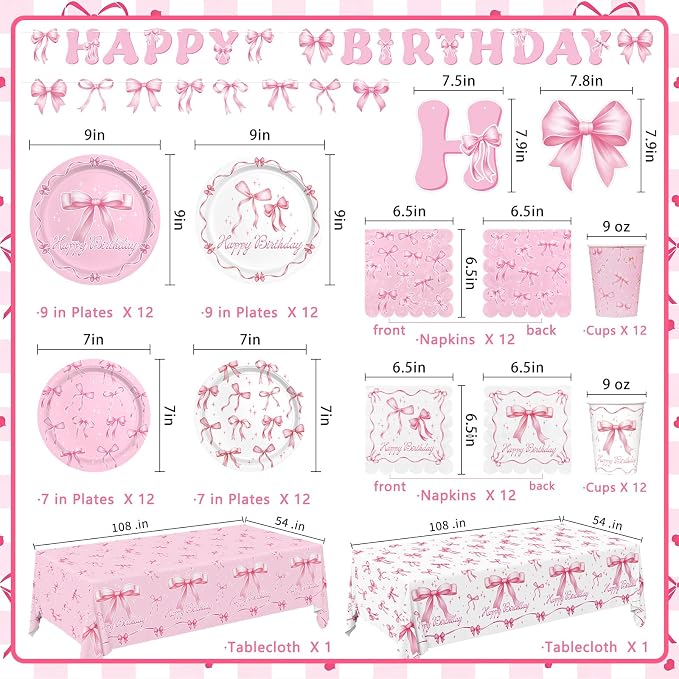 Pink Bow Happy Birthday Decorations Set for 24: Bachelorette Party Supplies Kit with Dinner & Dessert Plates, Napkins, Cups, Banner, Tablecloth - for Women's Tea Birthday Party Decorations