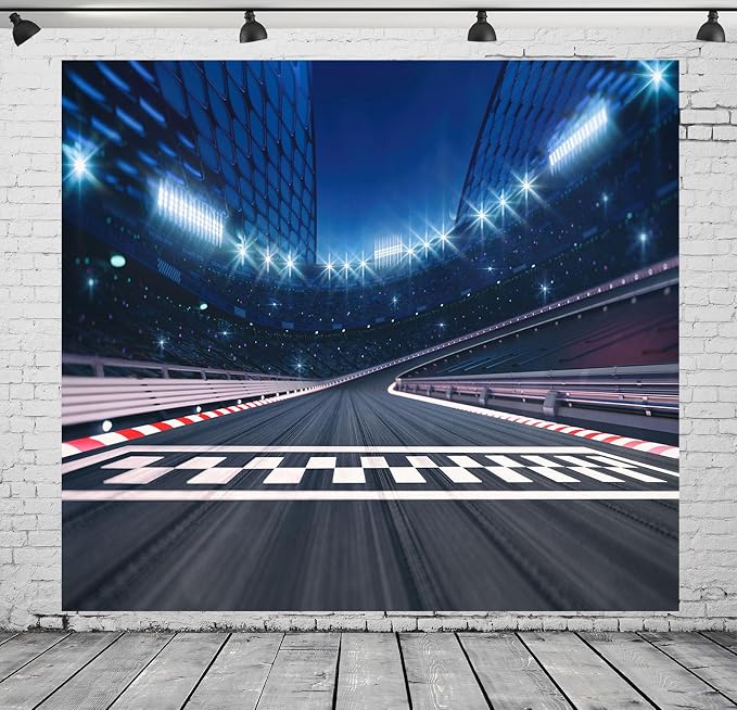 10x10ft Fabric Finish Line Race Track Backdrop Racing Car Racetrack Backdrops for Photography Bleachers Motorsport Racing Sport Party Background Race Birthday Party Decorations Photo Props