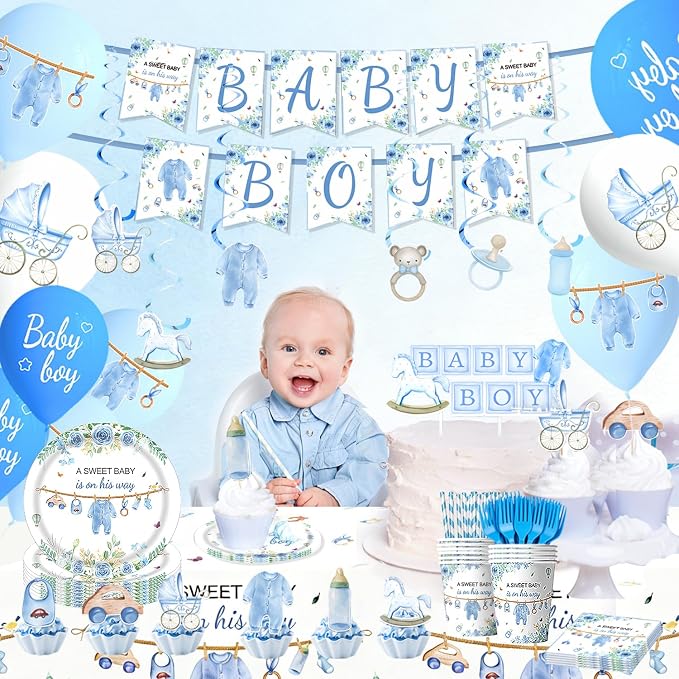 220 Pcs Blue Baby Shower Decorations 25 Guest All-in-One Party Supplies Kit with Disposable Tableware, Balloons, Hanging Swirl, Banner, Cake Toppper, Tablecloth for Baby Shower Decor