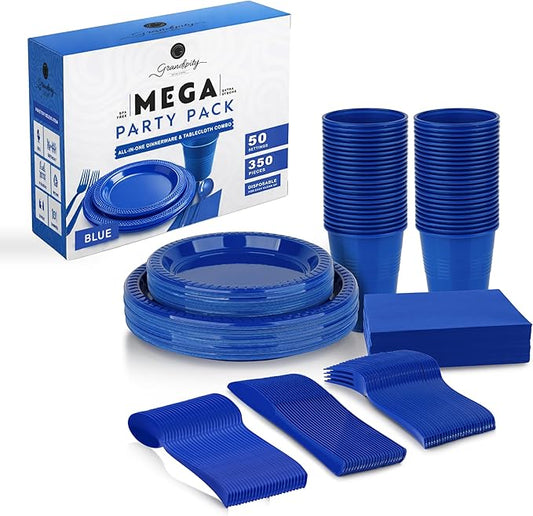 350 Piece BLUE Disposable Dinnerware Set 50 Guests, Plastic Party Plates And Cups And Napkins Sets - 50 Count 9" Dinner Plates, 7" Dessert Plates, 12oz Cups, Paper Napkins, Forks, Knives & Spoons