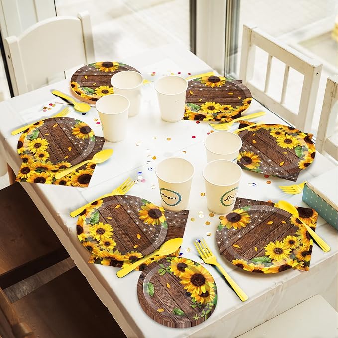 200PCS Sunflower Paper Plates and Napkins Sunflower Birthday Party Decoration Hoedown Party Decorations Supplies with Wood Land Background Bridal Baby Shower Tableware Brown Country Rustic Style