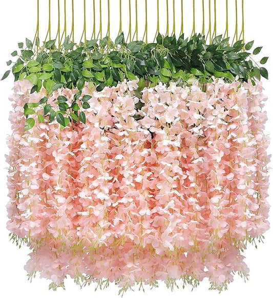 U'Artlines 60 Pack (Total 216 Feet) Artificial Fake Wisteria Vine Rattan Hanging Garland Silk Flowers String Home Party Wedding Decor (60, Light Pink)
