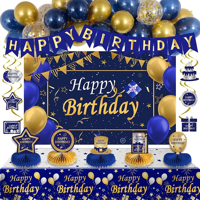 Blue and Gold Birthday Decorations, Brithday Party Decorations for Men Boys Women Girls with Blue Gold Happy Birthday Banner Decorations Tablecloth Backdrop Balloons Arch Bady Party Supplies