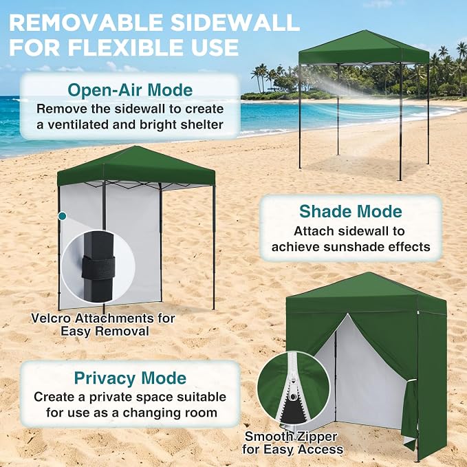 EAGLE PEAK 6x4 Instant Pop Up Canopy Tent with 4 Side Wall Panels, Straight Leg Sun Shelter, Portable Canopy with Carry Bag for Camping, Beach & Sports, Green