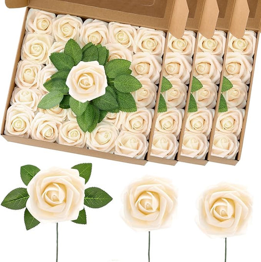 100 Pcs Artificial Foam Rose Flower Faux Bouquet Wedding Fake Rose Gift for Mother's Day Women DIY Bridal Shower Party Table Birthday Home Spring Decor (Champagne)