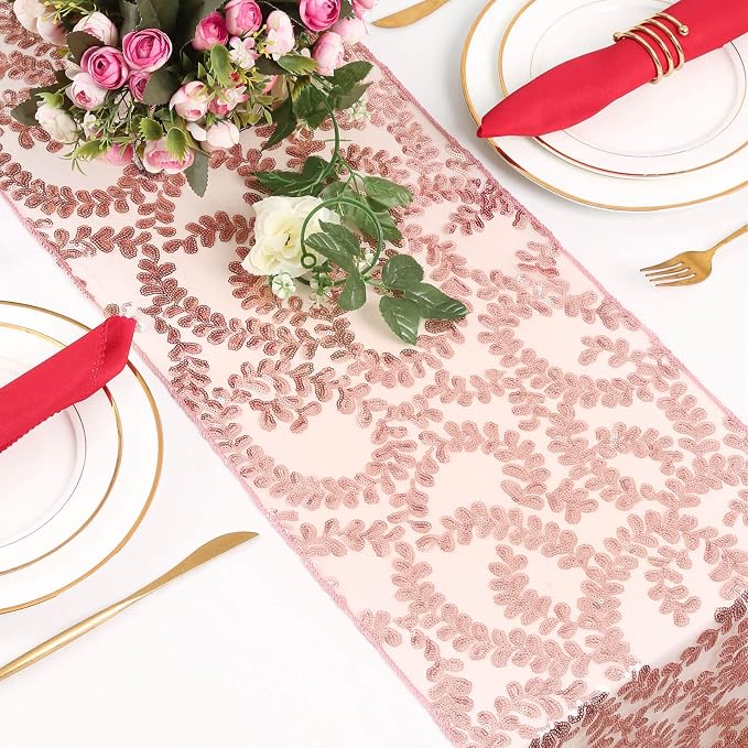 10 Packs 12x108 Inch Sequin Table Runner Rose Gold Flower Table Runners Glitter Table Runners for Banquet Wedding Table Decoration Sparkly Table Overlay