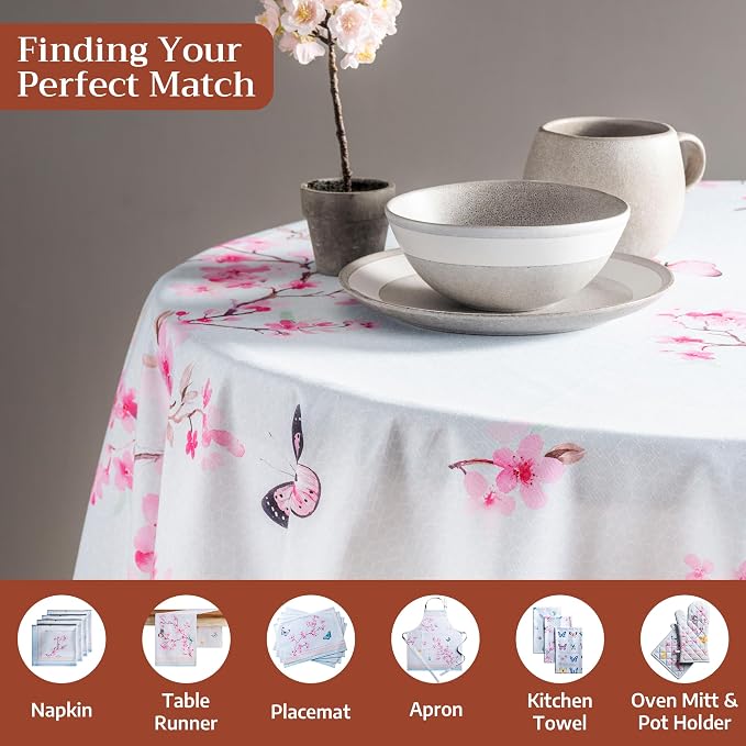 Maison d' Hermine Table Cloth Round Table 100% Cotton 63 Round Inches Tablecloth Reusable Decorative for Dining Kitchen Room Farmhouse Party Home Hotel Restaurant Spring Summer - Blossoms in Spring