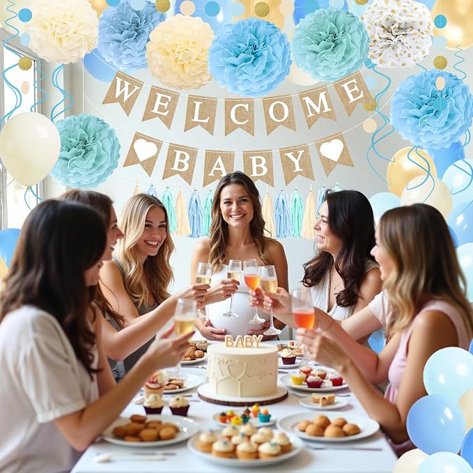 Blue Baby Shower Decorations for Boy with Welcome Baby Banner, Blue Champagne Balloons, Tassel Garlands, Swirls, and Paper Pom Poms for Boho Baby Shower or Gender Reveal Party Supplies