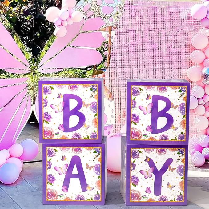 Voircoloria Baby Boxes with Letters and Butterfly Balloons for Gender Reveal Decoration (Purple)