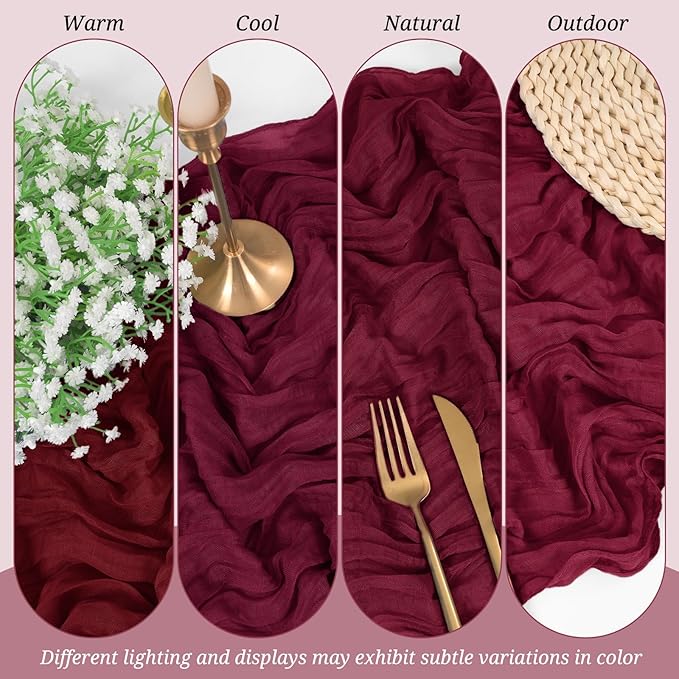 10 Pack Cheesecloth Table Runner Burgundy, Rustic Boho Gauze Fabric Table Runner Romantic Table Runner for Wedding, Festival, Birthday, Anniversary, Dinner and Outdoor Events (17.7 x 108 inch)