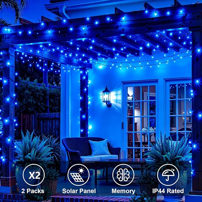 QITONG 2 Pack Blue Solar String Lights Outdoor Waterproof, Each 33ft 100 LED Christmas Light, 8 Modes Green Wire Blue Lights for Pool Garden Patio Yard Tree Party Wedding