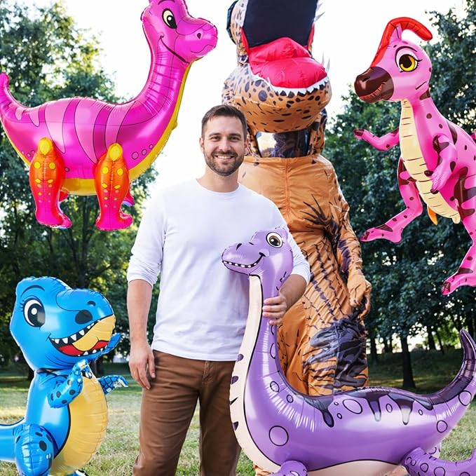Foilswirl 10 Pcs Giant 3D Dinosaur Balloons for Birthday Party Decorations (20-35") Cute Self-standing Dino Balloons Inflatable Foil Balloon for Jungle Theme, Jurassic Theme, Baby Shower Supplies