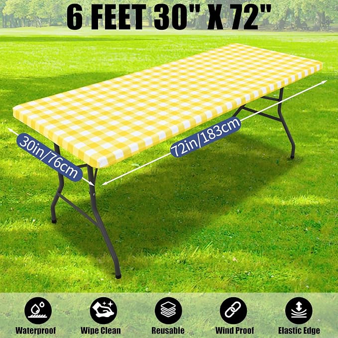 Smiry Picnic Table Cloth 6 Pack, Waterproof Elastic Fitted Tablecloths for 6FT Rectangle Tables, Washable Polyester Buffalo Plaid Tablecloth for Camping, Dining & Outdoor (Yellow & White, 30" x 72")