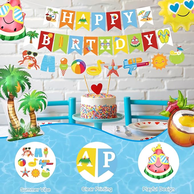 Summer Pool Beach Party Decorations, Splash Birthday Bash Party Supplies Tropical Summer Banner Beach Ball Lantern Fringe Curtain Foil Balloons Arch for Swimming Water Luau Hawaiian Party Decor(Blue)