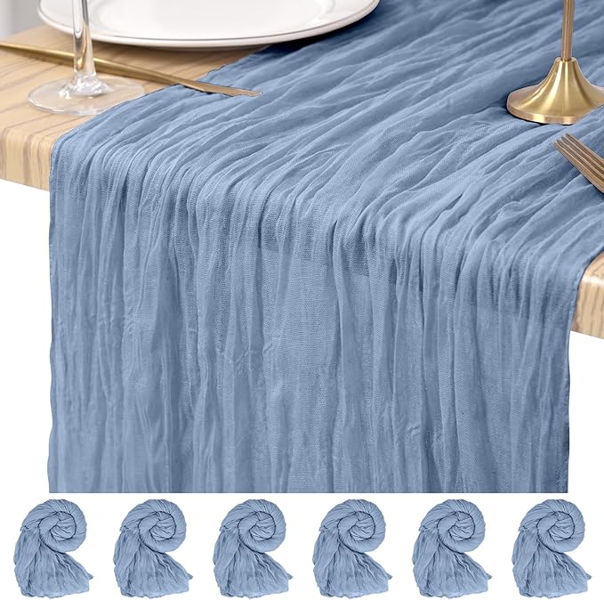 6 Pack Cheesecloth Table Runner Dusty Blue 10Ft Rustic Boho Gauze Table Runner Romantic Long Sheer Fabric Cheesecloth Table Runner for Wedding Festival Birthday Anniversary Dinner Outdoor Events