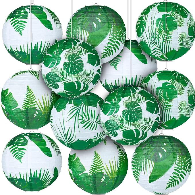 Panelee 12 Pcs Tropical Party Decorations Palm Leaves Paper Lanterns 8 Inch Hawaii Luau Summer Hanging Round Lanterns Decorations for Tropical Party Indoor Outdoor Decor