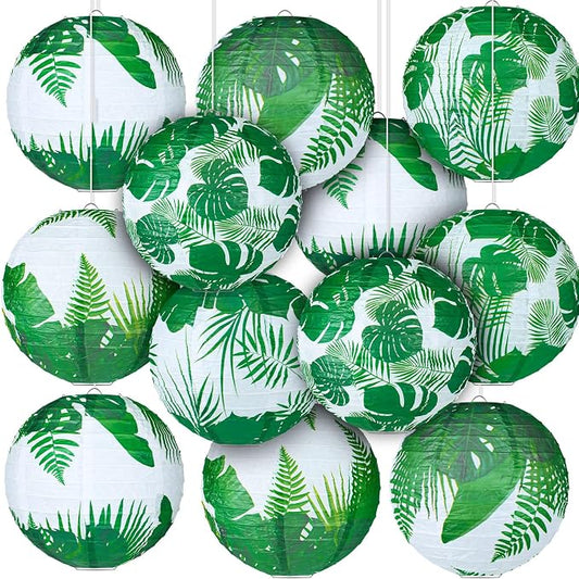 Panelee 12 Pcs Tropical Party Decorations Palm Leaves Paper Lanterns 8 Inch Hawaii Luau Summer Hanging Round Lanterns Decorations for Tropical Party Indoor Outdoor Decor