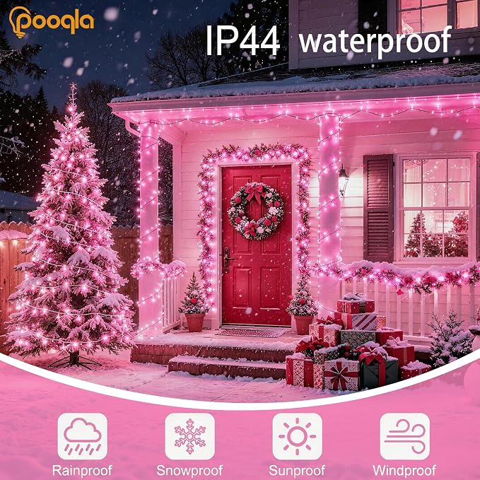 Pooqla 2 Pack String Lights Battery Operated, Total 66.6ft 200 LED Fairy Lights Indoor Outdoor Decorations, 8 Modes Pink Battery Lights for Wedding Valentine's Day Bedroom Porch Party Yard Decor
