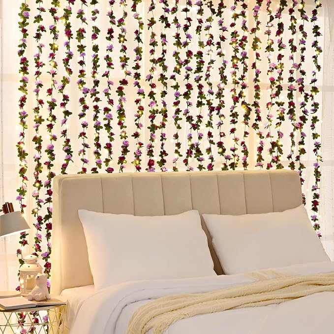 BLEUM CADE 12Pcs 98.4Ft Flower Garland Artificial Rose Vines with 98.4Ft String Lights, Cute Fake Hanging Flower Vines Floral Garland Decorations for Wedding Party Wall Room Decor Aesthetic