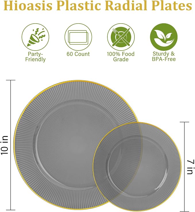 Hioasis 60pcs Black and Gold Plastic Plates - Black Disposable Dinnerware Set, 30pcs Dinner 10in & 30pcs Dessert 7in Plates with Striped Designs for Party & Wedding