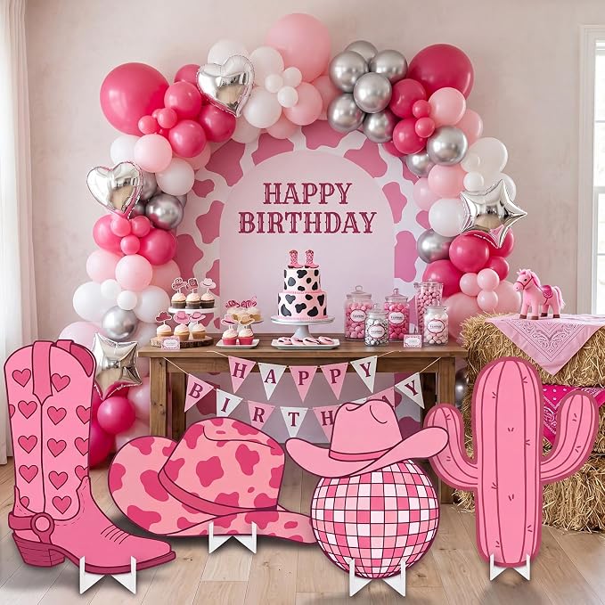 Honoson 4 Pcs Large 28" x 28" My First Rodeo Decorations Girl Cardboard Cutouts, Western Cowgirl 1st Birthday Party Supplies Yard Sign Backdrop for Last Rodeo Bachelorette Baby Shower Photo Booth Prop