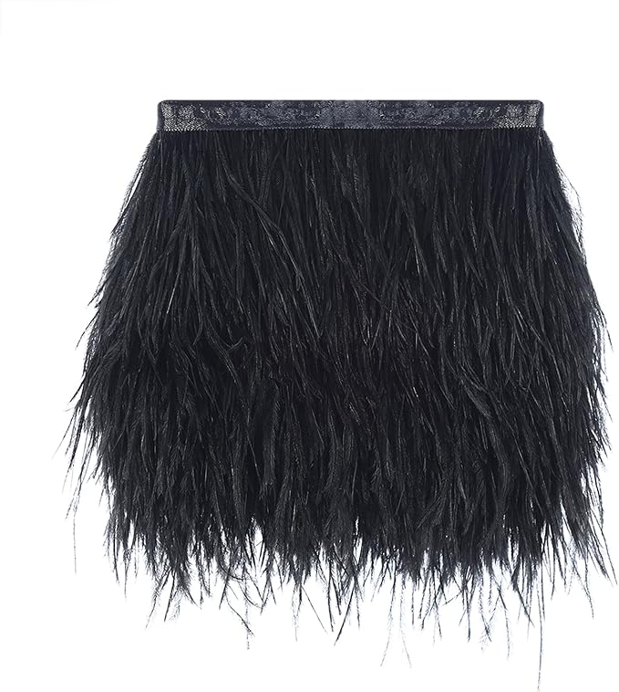 AWAYTR Ostrich Feather Trim Fringe - Satin Ribbon Dress Sewing Crafts Costumes Decoration Pack of 2 Yards (Black)