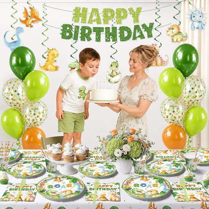 213 pcs Dinosaur Birthday Party Decorations Serve 25, All-in-One Dinosaur Party Decorations Includes Plates, Tablecloth, Cake Toppers, Cupcake Toppers