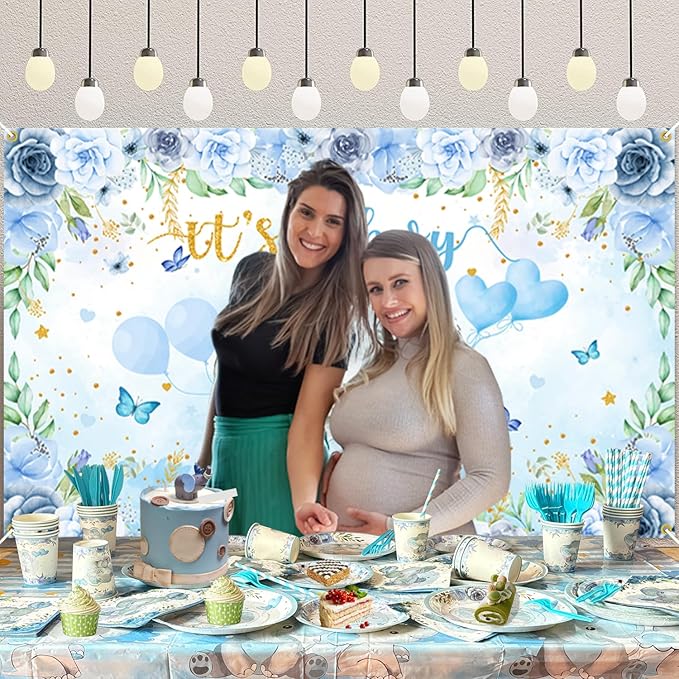 Elephant Baby Shower Decorations for Boy, 224 Pcs Blue Baby Shower Supplies(20 Guest) Includes Paper Plate, Cups, Napkins, Forks, Balloon Garland, Tablecloth, Backdrop